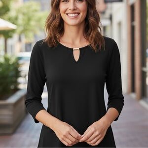 Chico’s Black Slinky Stretch Tunic Top Keyhole Silver Metal Minimal Sz 2 (US 12)